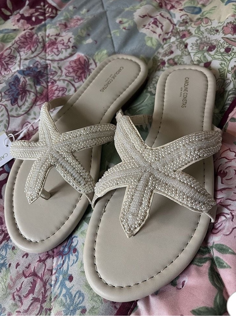 Caroline Constas Ivory Beaded Starfish Slide Sandals